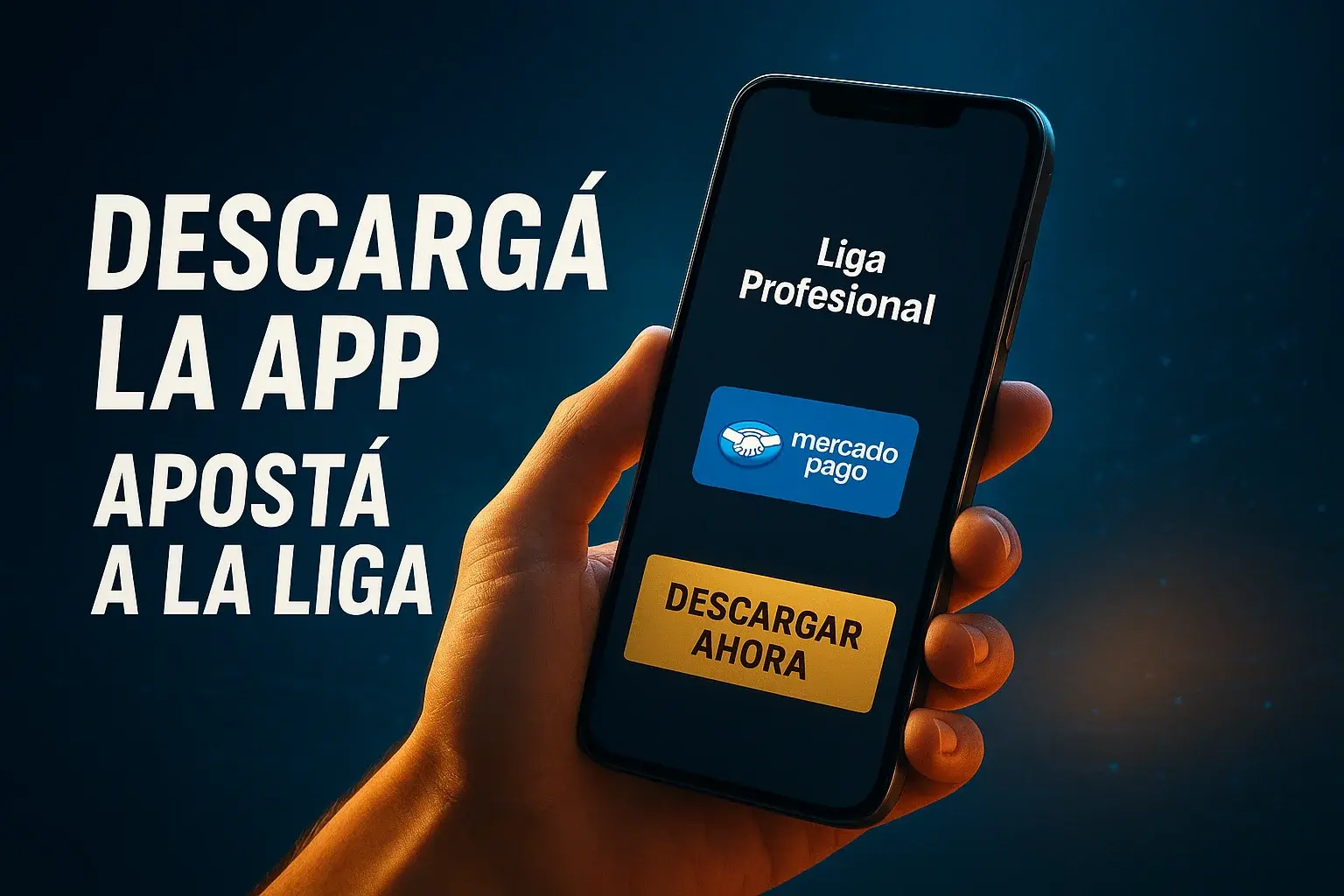 Banner de apuestas, fondo oscuro azul, celular Android con Liga y botón Mercado Pago
