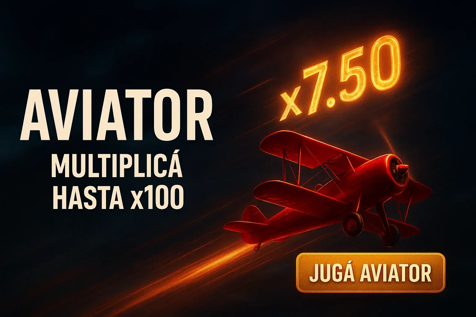 Banner de casino Aviator con avión rojo y multiplicador x7.50 brillante