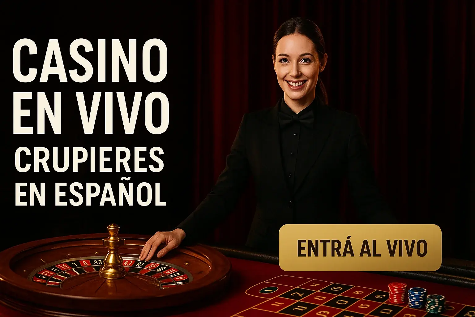 Banner de casino en vivo con crupier en español y ruleta