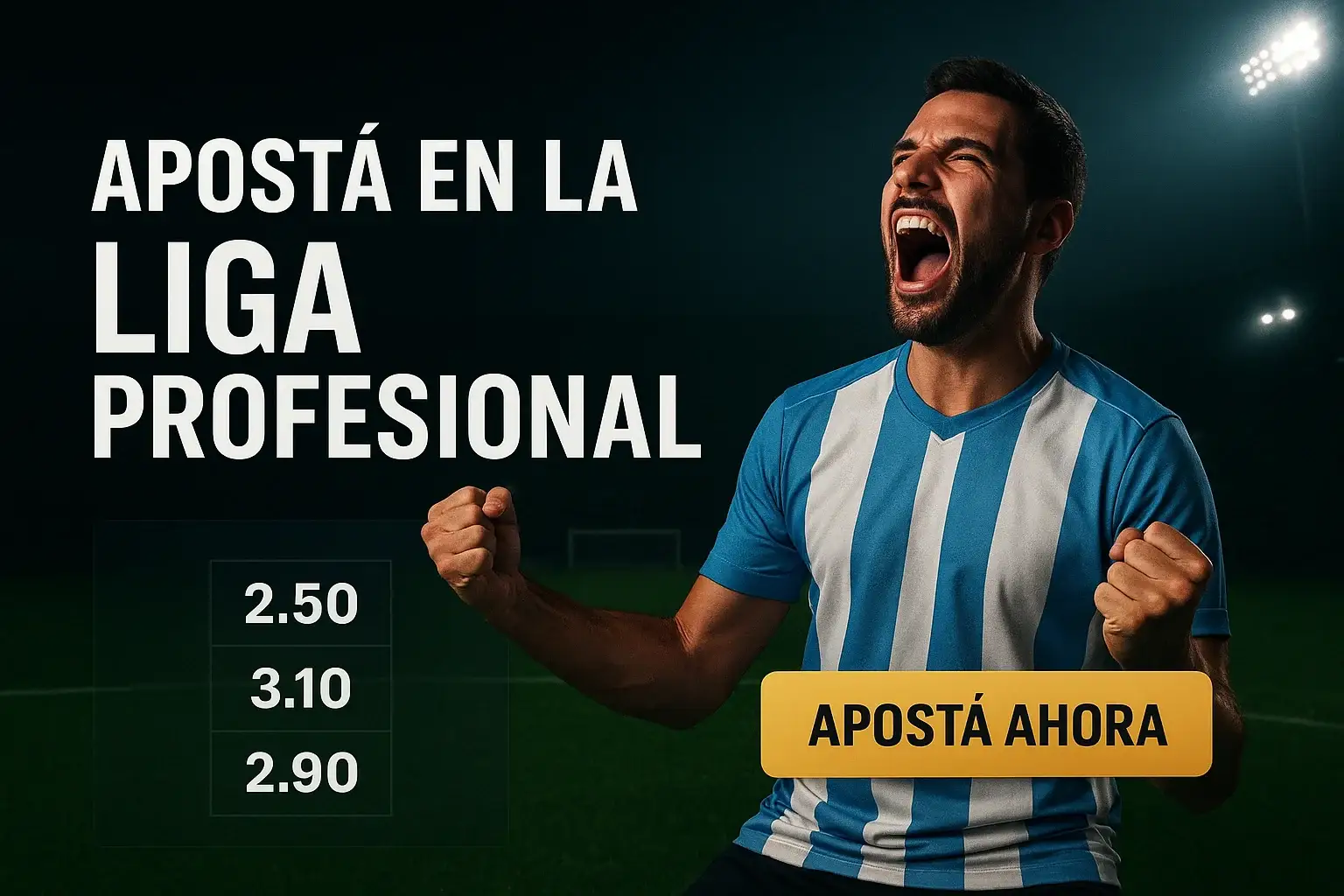 Banner de apuestas en fútbol argentino, hincha celebra y botón Apostá Ahora